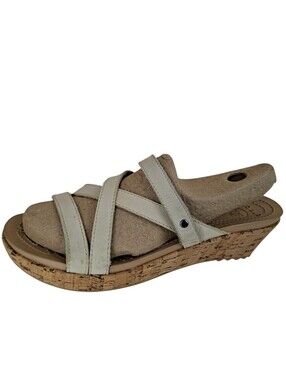 Crocs A-Leigh Tan Beige Leather Platform Wedge Sandals size 10 Womens Cork Heel